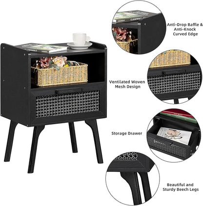 Lerliuo Rattan Nightstand, Side Table with Drawer Open Shelf, Cane Accent Bedside End Table with Solid Wood Legs, Mid Century Modern Night Stand for Bedroom, Dorm and Small Spaces (Black)