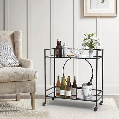 RiteSune Black Bar Cart with Wheels, Vintage Serving Cart Wine Cart with 2 Mirror Shelves, Alcohol Cart Liquor Bar Carts for Home Bar