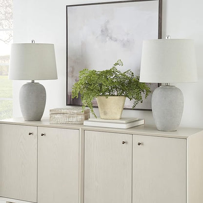 Nourison Home 23" Vintage Grey (White Washed) Ceramic Pot Table Lamp for Bedroom, Living Room, Dining, Office, with Grey Shade