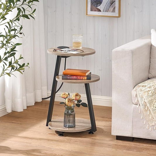BEWISHOME Round End Table with Charging Station, Side Accent Table with 3-Tier Shelves, Small Couch Table for Living Room Greige KTZ51G