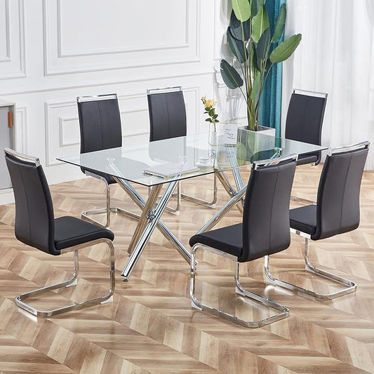 Dining Chairs Set, Kitchen Modern Metal Chairs with Faux Leather Padded Seat High Back and Sturdy Chrome Legs, Chairs for Dining Room (Black, Set of 6)