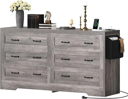 YITAHOME 6 Drawers TV Stand for 65 inches with Power Outlets -Chest of Drawers Dresser with Side Organizer Bag Entertainment Center TV Console, Grey