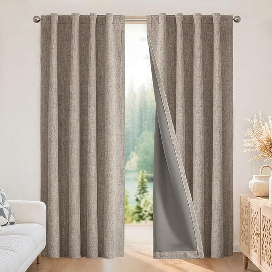 Joydeco 100% Blackout Curtains for Bedroom - Natural Linen Curtains 70"W x 108"L Long, Thermal Insulated 1 Panels Linen Light Blocking Drapes, Rod Pocket & Back Tabs, Darkening Privacy for Living Room