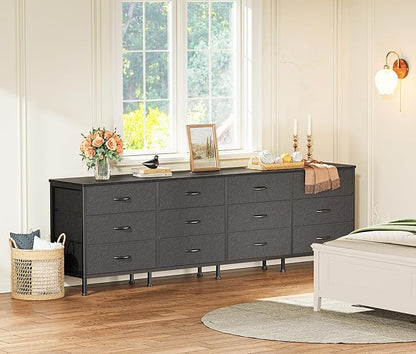 Huuger 70 Inch Black Dresser for Bedroom, TV Stand for 65, 75, 80 Inch TV, 12 Fabric Drawer Long Dresser, Wide Chest of Drawer, Storage Units for Living Room