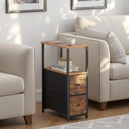 TUTOTAK Small Narrow End Table, Set of 2, Side Table, Nightstand with 2 Cloth Drawers, Couch Table, for Living Room, Bedroom, Bedside, Brown TB01BB054