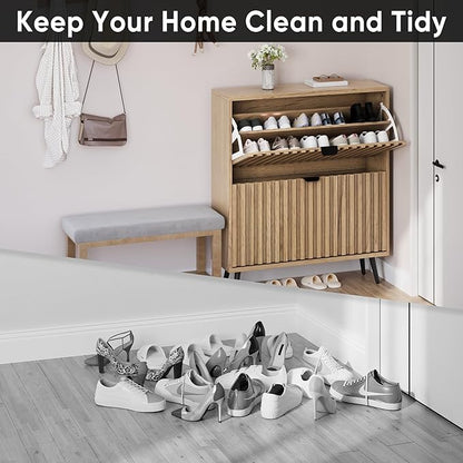 Smuxee Shoe Cabinet with 2 Flip Drawers, 31.5" Natural Hidden Shoe Storage Cabinet with Fluted Design, Freestanding Shoe Organizer Cabinet for Entryway, Hallway, Closet, Living Room