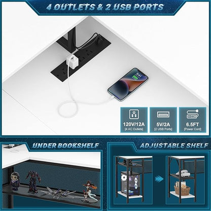 Unikito L-Shaped Desk with LED Strip and Power Outlets, Reversible Corner Computer Desk with Monitor Stand and Storage Shelf, Modern L-Shaped Gaming Table, Home Office Desk with USB Ports, White