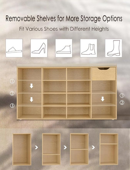 DINZI LVJ Shoe Bench, Entryway Storage Bench with Drawer and 15 Cubbies, Cubby Shoe Rack with Adjustable Shelves, Shoe Organizer Cabinet for Living Room, Bedroom, Mudroom, Closet and Garage, Natural