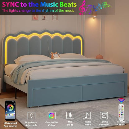 King Upholstered LED Bed Frame with 2 Storage Drawers and Adjustable Chic Double Wavy Headboard, Velvet Princess Platform Bed with Charing Station, Solid Wood Slats Support, No Box Spring Needed,Blue