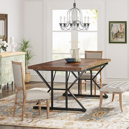 Tribesigns Farmhouse Dining Table for 6 People, 70.8-Inch Rectangular Wood Dining Table, Rustic Kitchen Table with Heavy Duty Metal Legs for Dining Room