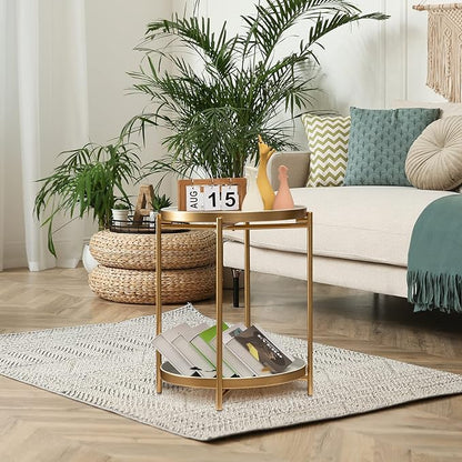 TeoKJ 2 Tier Gold Side Table, Folding Round Metal End Table Small Nightstand with Two Removable Tray for Bedroom Living Room Bedside Small Spaces Gold + White