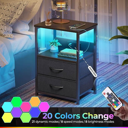 Seventable Nightstand Set of 2 with Charging Station, Bedside Table with LED Lights, Night Stand with 2 Fabric Drawers, 3-Tier Storage End Table for Bedroom, Black