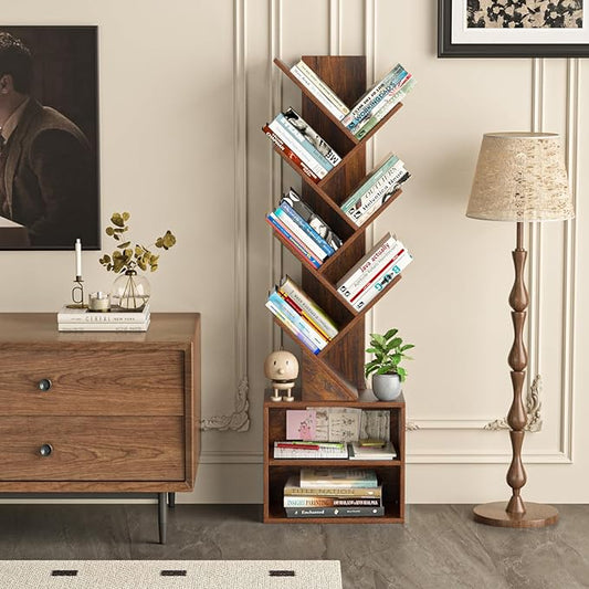 10 Tier Tree Bookshelf,Floor Standing Wood Tall Bookcase for Narrow Space, Storage Organizer Bookshelves for Books, Book Case for CDs/Movies/Books,Home Office,Living Room, Bedroom