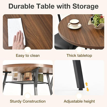 Pamapic Round Dining Table Set for 4, Kitchen Table and Chairs for 4, Dining Room Circle Dinner Pedestal Table, Solid Metal Frame,Space Saving Wood Kitchen & Dining Room Furniture,Walnut