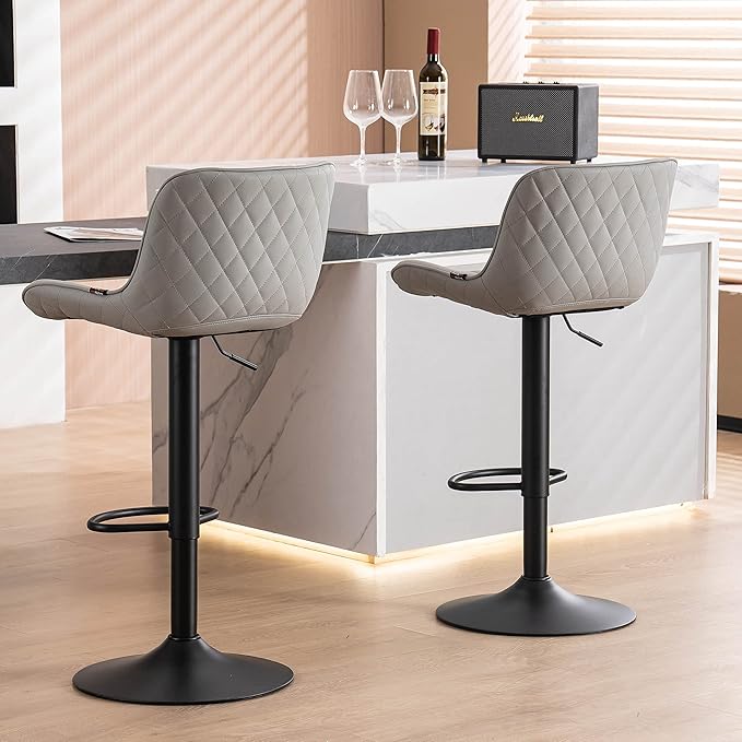 YOUNUOKE Counter Height Bar Stools Set of 2 Upholstered Kitchen Island Barstools Adjustable Swivel Stools with Back Mid Century PU Leather Padded Chairs Grey