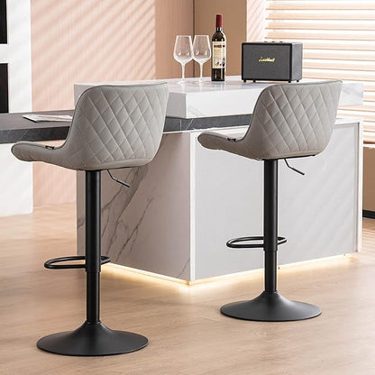 YOUNUOKE Counter Height Bar Stools Set of 2 Upholstered Kitchen Island Barstools Adjustable Swivel Stools with Back Mid Century PU Leather Padded Chairs Grey