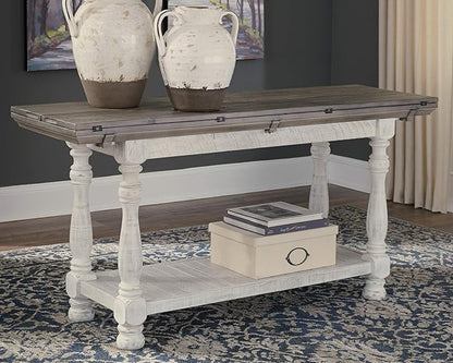 Signature Design by Ashley Havalance Farmhouse Sofa Table, Flip Top Design for Additional Dining Space and Fixed Lower Shelf, Gray & White with Weathered Finish