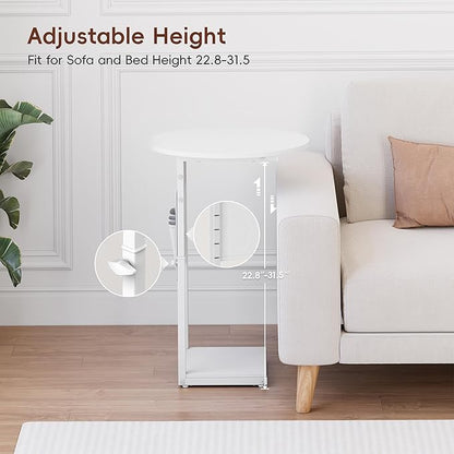 Vagusicc C Shaped End Table with Charging Station, 32" Tall Side Table for Couch and Recliner, Adjustable Height Small Couch Side Table Slide Under Sofa TV Tray Table for Living Room, Bedroom, White