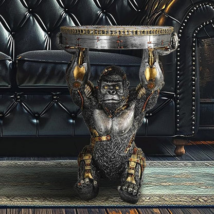 Steampunk Gorilla Side Table Pedestal End Table Stool Resin Cyborg Monkey Sci-fi Statue Sculpture Hand Painted Collectible Figurine with Cool Gear for Home Man Cave Decor Silver