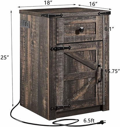 SOOWERY Nightstands Set of 2, Nightstand with Charging Station, Farmhouse End Table with Barn Door and Drawer, Rustic Wood Sofa Side Table for Bedroom, Living Room, Dark Rustic Oak