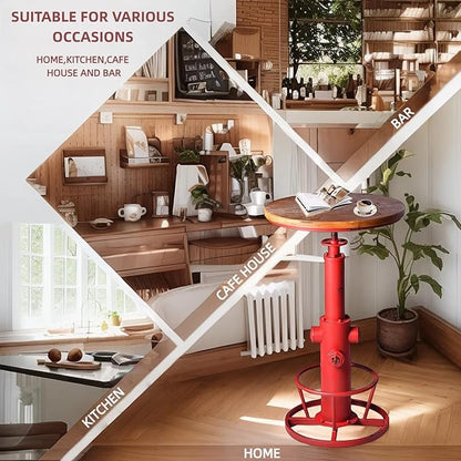 Vintage 38.6-44.4inch Height Adjustable Bar Table Industrial Fire Hydrant Design Pub Tables Farmhouse Cafe Cocktail Desk Rustic Bistro Table Swivel Wooden Top