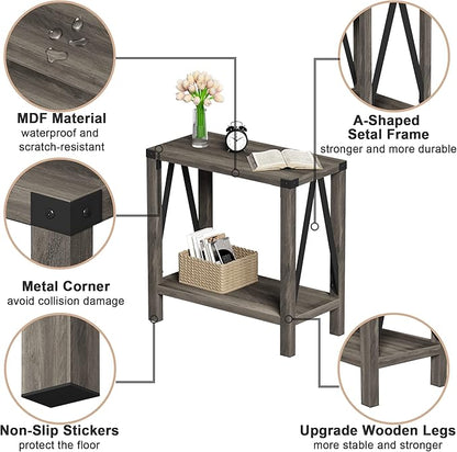ChooChoo Farmhouse End Table for Small Spaces, Narrow Side End Table with Storage Shelf, Rustic A-Design Nightstand Sofa Table for Living Room, Bedroom (Grey) 2 Pack