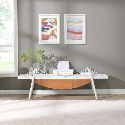 1 Tier Modern Boat-Shaped Bookshelf with Drawer, White & Brown, 70.9" Long Horizontal Low Shelf for Storage Display Decoration, Sturdy MDF & Metal Industrial Frame, for Living Room