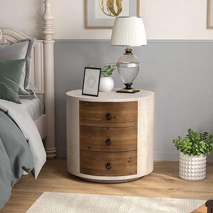 COSIEST Bedside Table Set of 2, Wood Nightstand 3 Drawers, Farmhouse Round End Table with 3 Drawers, Dresser with Drawers for Bedroom, Living Room
