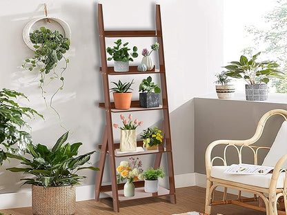 DOUSY-5-Tier Ladder Shelf Bookcase, Bamboo Ladder Bookshelf Leaning Book Shelf, Freestanding Storage Shelf Boho for Living Room, Home Office, Bedroom, Balcony, Walnut