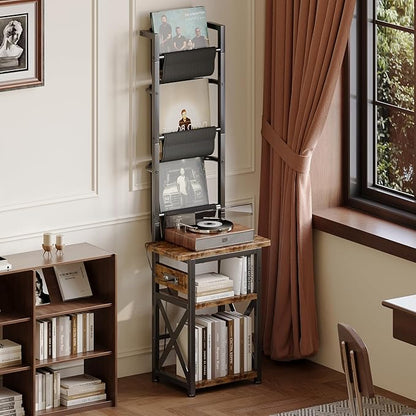 Record Player Stand with Power Outlet, 6 Tier Vinyl Record Display Shelf, Record Player Table with album storage up to 200 Albums, Console Organizer Display Shelf, Gifts for Music Lovers