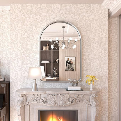 TokeShimi Arched Brushed Silver Bathroom Mirror 26x38 Inch with Non-Rusting Aluminum Alloy Matte Framed for Vanity Farmhouse Modern Minimalist Bathroom, Entryway Hall, Living Room, Bedroom