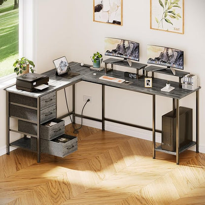 66" L Shaped Computer Desk, 94.4'' Home Office Desk with Power Outlets, 4 Adjustable Storage Drawers & 2 Monitor Stands, Large Two Person Gaming Table for Writing Study, Grey