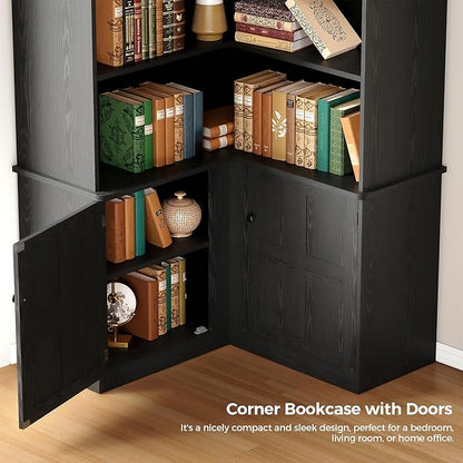 IRONCK Corner Bookshelf with Doors, 6 Tier Bookcase with Storage, Corner Shelf with Cabinet, Large Tall Bookshelf for Living Room, Home Office, Bedroom,Black