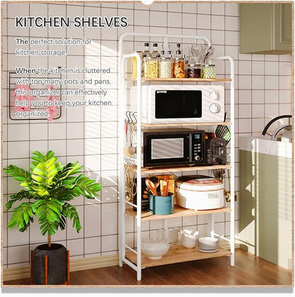 4NM No Assembly Folding Bookshelf 5 Tiers Vintage Industrial White Book Shelf Metal Foldable Storage Bookcase and Bookshelves for Living Room,Bedroom and Kitchen - Natural