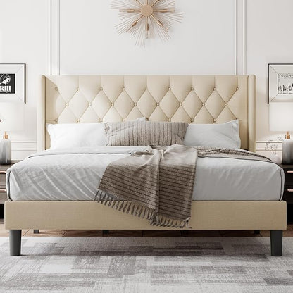 Feonase King Size Bed Frame with Wingback Tufted Headboard, Upholstered Platform Bed Frame with Heavy Duty Wooden Slats Support, Noise-Free, No Box Spring Needed, Easy Assembly, Beige