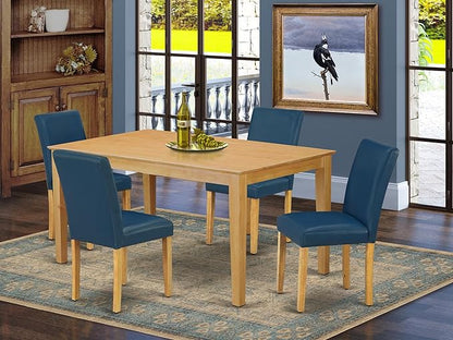 East West Furniture CAAB5-OAK-55 5 Piece Dining Set Includes a Rectangle Dining Room Table and 4 Oasis Blue Faux Leather Upholstered Parson Chairs, 36x60 Inch, Oak