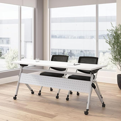 Bush Business Furniture Folding Training Table Set for 2, 72 inch, 2 Mesh Back Folding Chairs, Commercial-Grade Bundle for Office or Classroom, Envision Collection, White