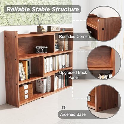 Open Shelf Low Bookcase,Wooden 4-Tier Floor Standing Expandable 25-47 inch Wide Bookcase,with Side Panels Frame for Home and Office (Walnut)