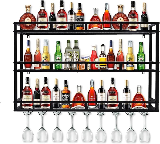 Metal Wine Rack Wall Mounted, Bar Shelves for Liquor Bottles with LED Light, 3 Tier Large Capacity Liquor Rack Wall Mounted with Glass Holder for Home Bar & Dining Room （Black, 71in/180cm）