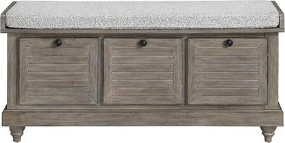 OSP Home Furnishings Dover Coastal Lift-Top Storage Bench with Shutter Face Styling, Goldstone Finish with Salt and Pepper Cushion