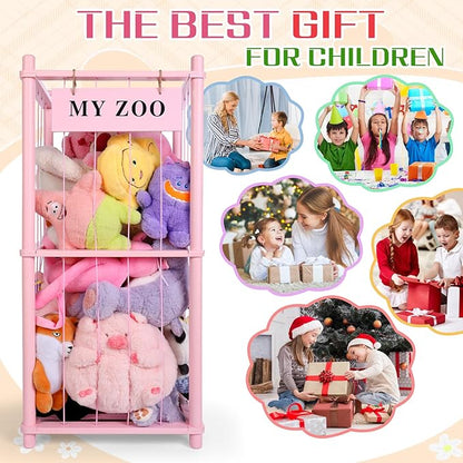 Stuffed Animal Storage Zoo, Wooden Stuffed Animal Organizer with Elastic Cords for Boys Girls, Space Saving Toy Plushies Storage Holder for Playroom, Bedroom, Living Room (Pink, Small)