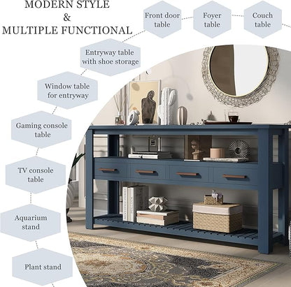 Ball & Cast 62.2“ Contemporary 4 Drawers Console Table, Long Entryway-Table with Drawer & 3 Tier Shelves, FarmhouseWood Storage Sofa Couch-Tables for Entrance Hallway Living, Blue
