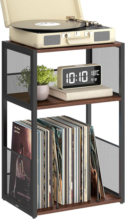 VASAGLE Record Player Stand, 3-Tier Side Table, Vinyl Record Storage up to 100 Albums, End Table for Living Room, Bedroom, Natural Walnut ULET275K02