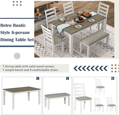Merax 6-Piece Wooden Rectangular Dining Table Set with 4 Upholstered Chairs and Bench, Whitewash+Brown