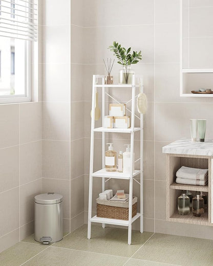 Ladder Shelf, Bookshelf Bookcase, Freestanding Corner Storage Shelve with 2 Hooks for Home Office, Living Room, Kitchen, Bedroom, Industrial, 4-Tier White BC13213W