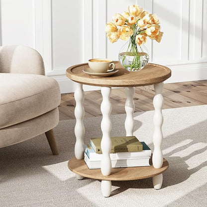 Round End Table, 2-Tier Farmhouse End Table, 18.5'' Handcrafted Weathered Look Wooden Nightstand Accent Table, Pine Leg, Small Side Tables for Living Room, Small Space, Bedroom, Boho, Easy Assembly