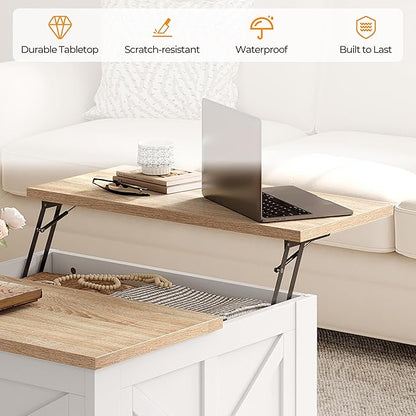 Yaheetech Farmhouse Lift Top Coffee Table with Storage, Square Coffee Table for Living Room, 31.5 Inches Center Tables with Large Hidden Storage Compartment for Home Office, White & Light Oak