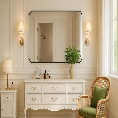 KOCUUY 30"x30" Square Rectangle Vanity Mirror, Black Metal Frame Mirror with Rounded Corner, Modern Design of Upgraded Shatterproof Glass for Bathroom, Bedroom, Living Room, Entryway