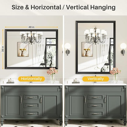 48x36 Inch Black Bathroom Mirror for Wall, Thick Metal Framed Rectangle Mirrors for Over Sink, Bedroom, Living Room, Entryway, Anti-Rust, HD Tempered Glass