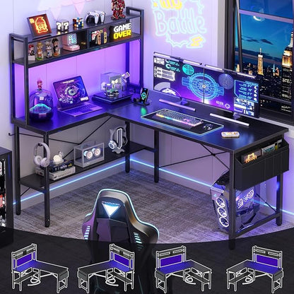 Aheaplus L Shaped Desk Gaming Desk, 59" L Shaped Computer Desk with LED Light & Power Outlet, Reversible Home Office Desk Gamer Desks with Shelves & Storage Bag & Hooks, Corner PC Desk, Black